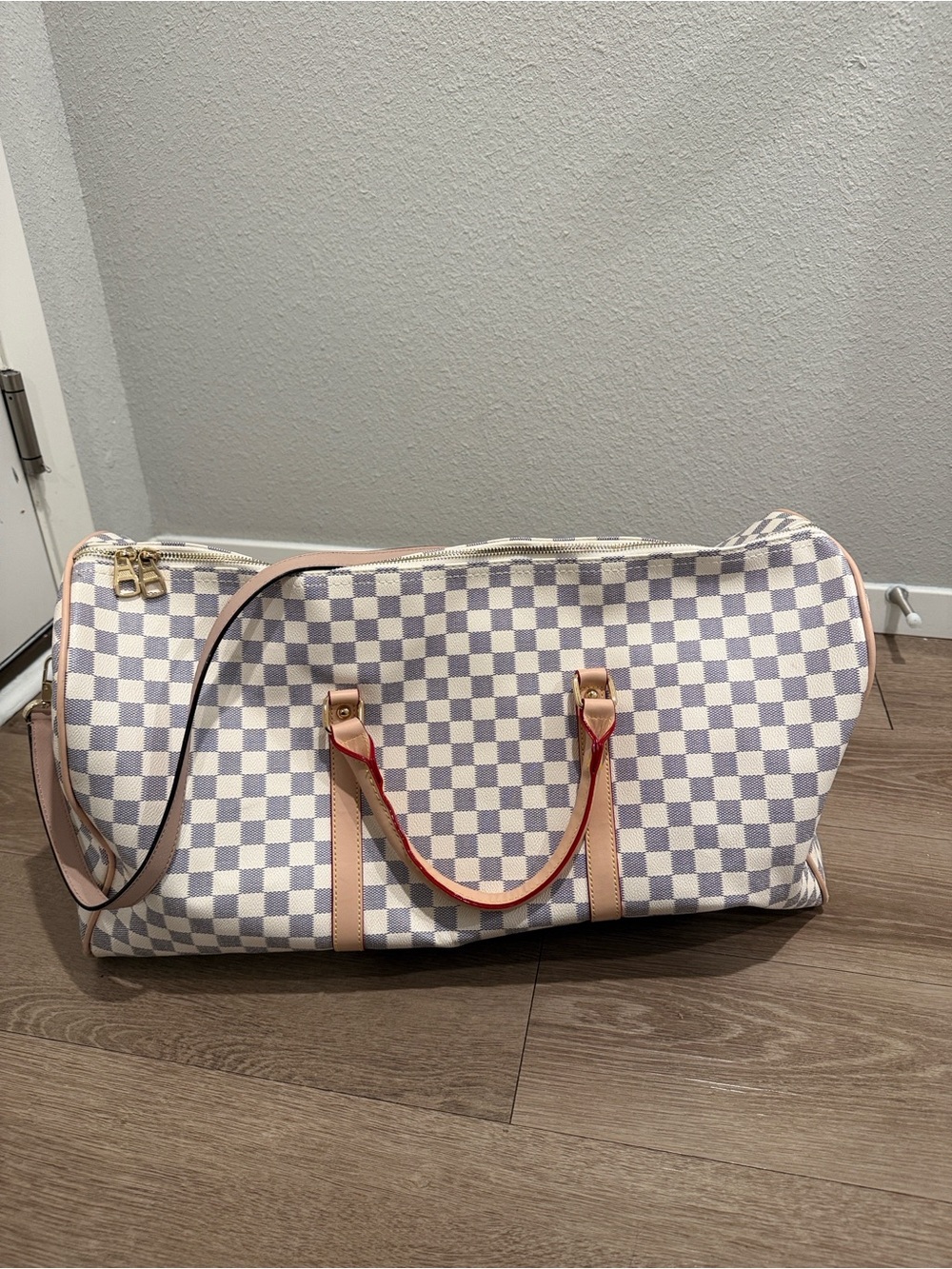 Checkered Canvas Travel Weekender Bag in Light Gray and White